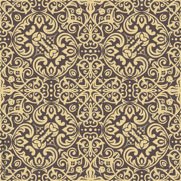 Fototapeta Classic seamless vector pattern. Damask orient brown and golden ornament. Classic vintage background. Orient ornament for fabric, wallpaper and packaging
