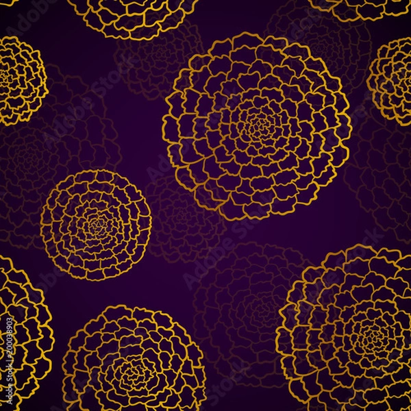 Obraz Seamless dark violet pattern with golden marigolds