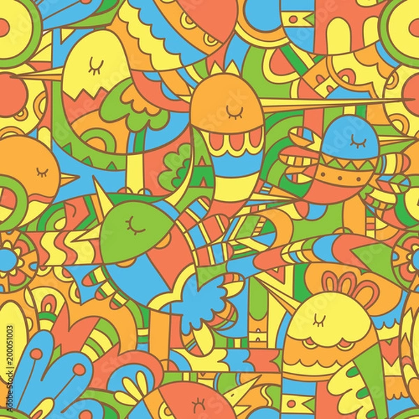 Fototapeta Seamless abstract pattern with cute cartoon colorful birds . Vector contour image and  linear print.