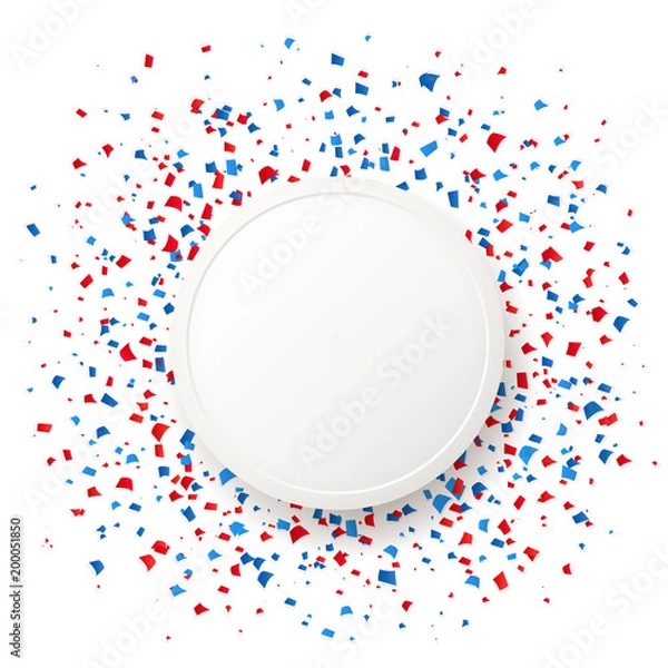 Fototapeta 4th of July Independence day celebration background. Blue and red confetti and text frame with shadow on white background. Vector illustration.