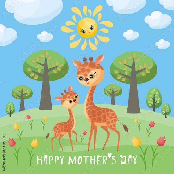 Obraz Giraffe family. Mother’s Day greeting card with cute animals and their cubs. Colorful vector illustration in cartoon style.