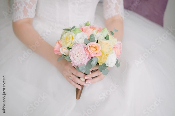 Obraz Posy bridal bouquet of eucalyptus, eustoma and roses