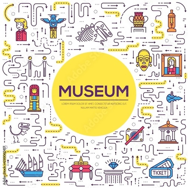 Fototapeta Thin line woman standing near different sculptures, pictures, and art objects in the museum concept. Outline vector illustration design