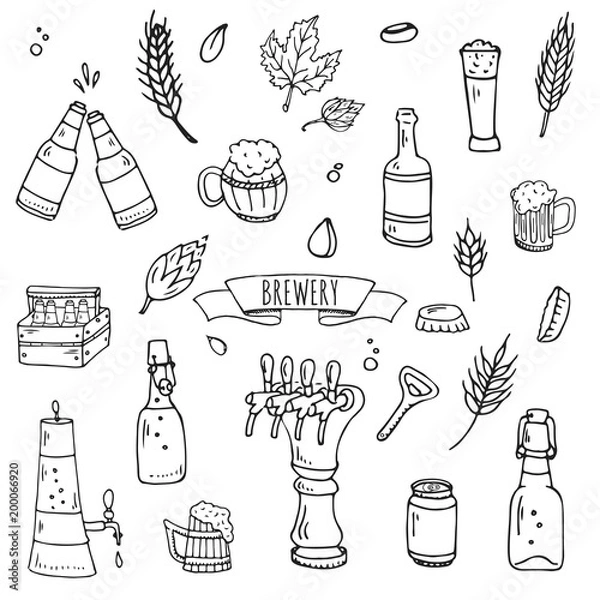 Obraz Hand drawn doodle set of Brewery icons. Vector illustration set. Cartoon Craft Beer production symbols. Sketchy brewing elements collection: pub equipment, malt, hop, glass, barrel, mill, beer tap.