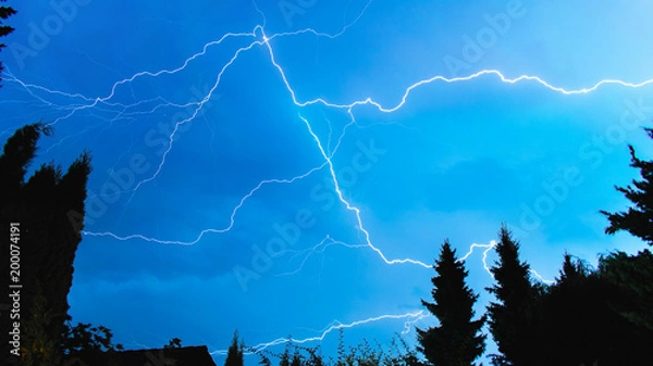 Obraz Thunderstorm with bright lightnings next to Neuwied, Germany