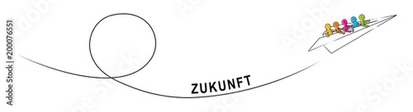 Obraz PRZYSZŁOŚĆ - Grupa figurek z patyczków leci w górę w papierowym samolocie
