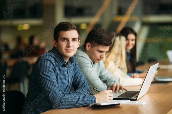 Fototapeta Grupa studentów studiujących w szkolnej bibliotece, dziewczyna i chłopiec korzystają z laptopa i łączą się z Internetem