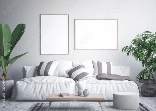 Obraz Mock up poster frame in tropical interior background, 3D render