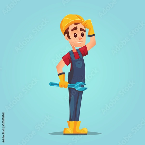 Fototapeta Confused caucasian builder with adjustable wrench Full length of confused worker with helmet. Error 404 mistake question concept vector illustration cartoon