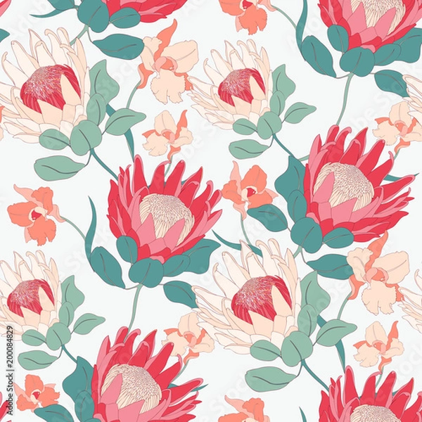 Fototapeta Pink Protea Flower Seamless Vector Pattern