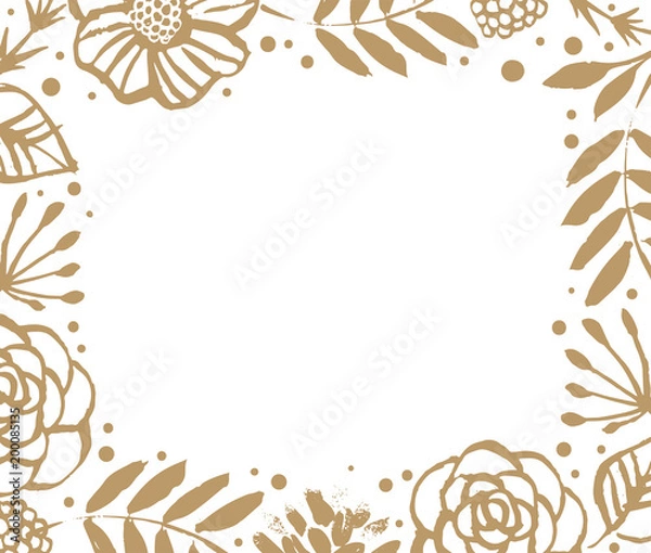 Fototapeta Flower frame template for wedding invitation and greeting card. Floral botanical collection. Flowers, branches, and leaves in nature pattern. Hand drawn design elements. Vector illustration.