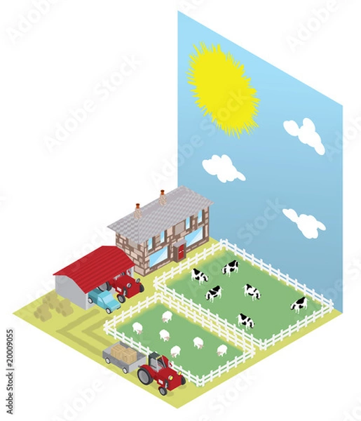 Fototapeta Isometric Farm with Sunny Backdrop