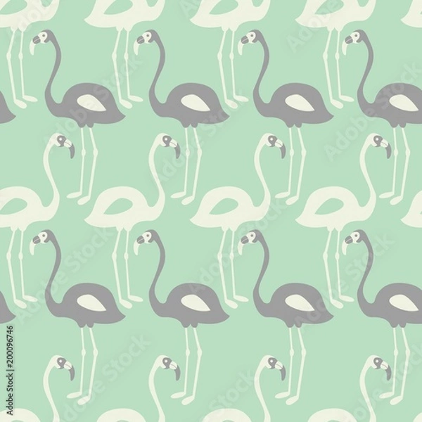 Fototapeta Flamingo seamless pattern on mint background, vector illustration