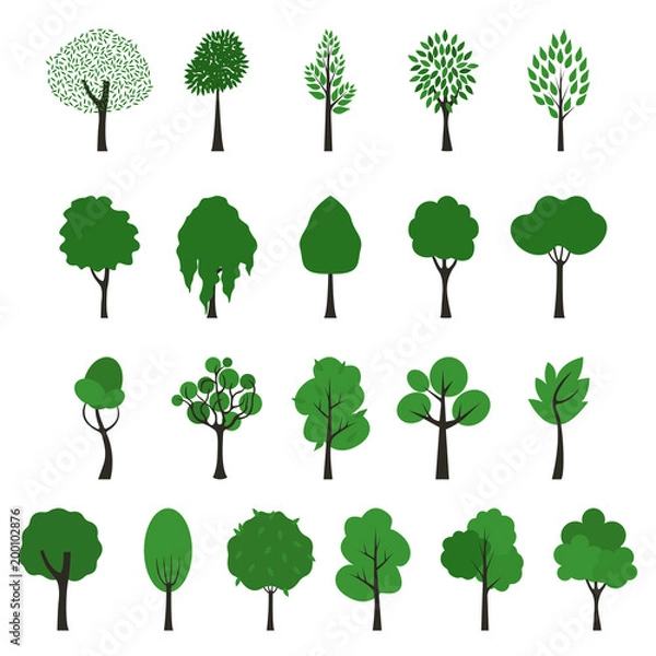Fototapeta Trees icons. Vector set of trees of different shapes on white background. Green foliage and brown trunks.
