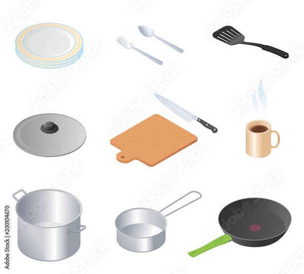 Obraz Flat isometric illustration of kitchen utensils, kitchenware and cookware set. The cooking equipment, cuisine accessories, crockery vector elements isolated on white background.