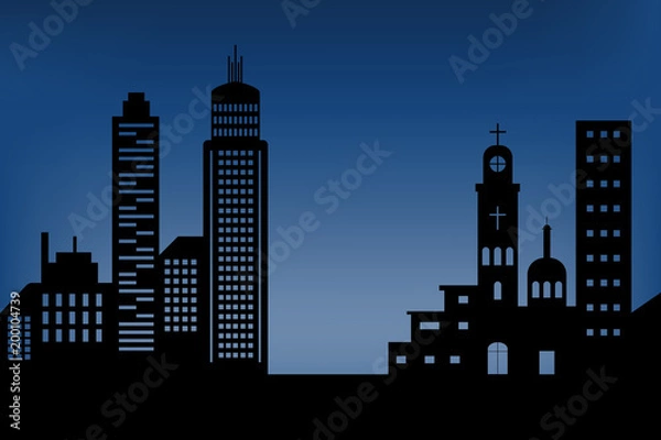 Fototapeta silhouette cityscape architectural building skyscrapers icon. black design flat style on  blue deep background with copy space Illustration vector