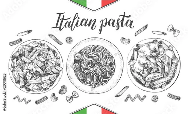 Fototapeta Makaron spaghetti i penne z pomidorkami koktajlowymi i bazylią. Danie kuchni włoskiej. Atrament ręcznie rysowane zestaw z napisem w stylu kaligrafii pędzla. Ilustracji wektorowych. Widok z góry. Kolekcja elementów żywności.