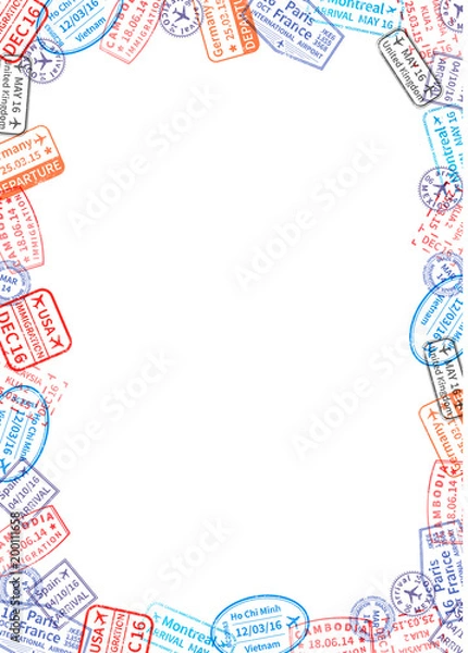 Fototapeta Vertical a4 size white sheet of paper with frame made from travel visa stamps