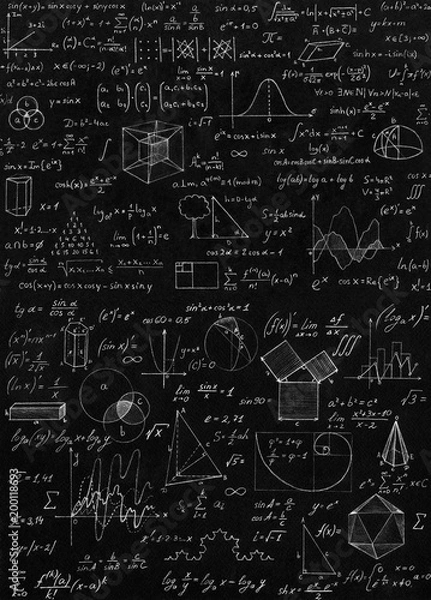Obraz Tablica wpisana na naukowe wzory i obliczenia w fizyce i matematyce.