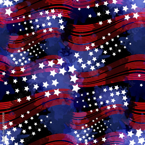 Fototapeta Seamless pattern american design. Traditional USA colors background with stars, wavy strokes and watercolor effect. Textile print for bed linen, jacket, package design, fabric and fashion concepts.
