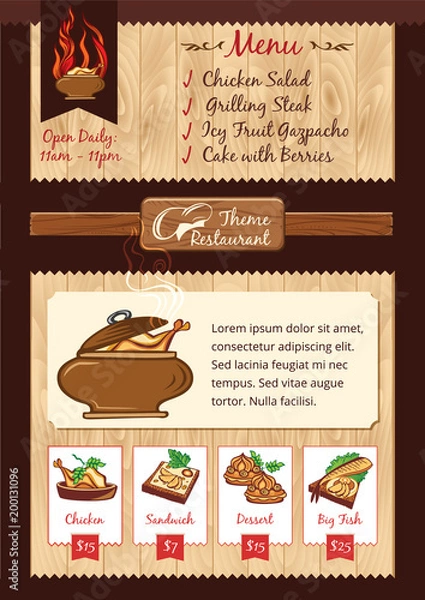 Fototapeta Hot food, barbecue menu template, vector background, wooden texture
