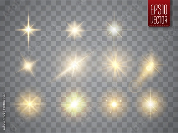 Fototapeta Golden lights sparkles collection. Vector illustration of glowing lens flares, flashes and sparks.