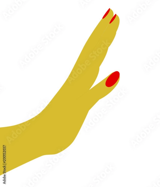 Obraz Female hand with red nails. Stretched hand. A hand pointing to a stop command or something to touch. Vector ilustration.