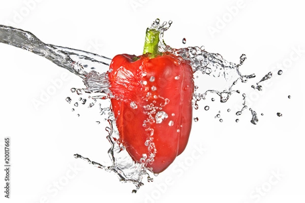Obraz fresh water splash on red sweet pepper isolated on white
