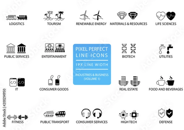Obraz Pixel perfect thin line icons and symbols of various industries / business sectors like public services, consumer goods, defence, life sciences, high-tech, resources, IT, logistics.