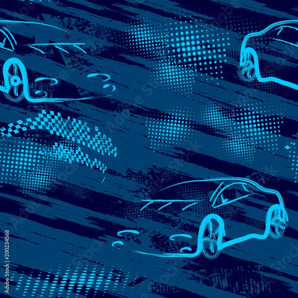 Fototapeta Abstract seamless sport car pattern for girls, boys. Creative sport car vector pattern with dots, geometric figures, triangle, square. Funny wallpaper for textile and fabric. Fashion car sport style.