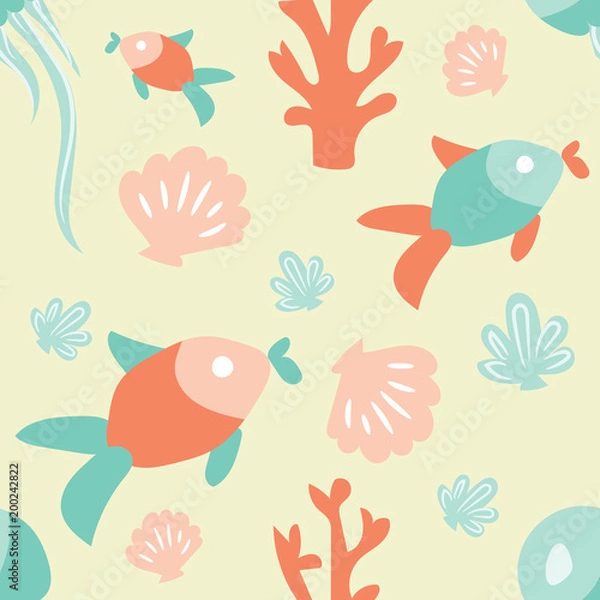 Fototapeta Seamless ocean background with fish coral shell and jellyfish. Tiled underwater background design. Flat illustrated blue water wrapping paper