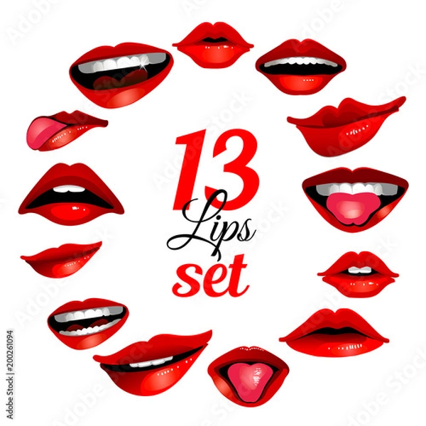Fototapeta Red woman's lip 13 icons set isolated on white background. Vector illustration for modern design collection