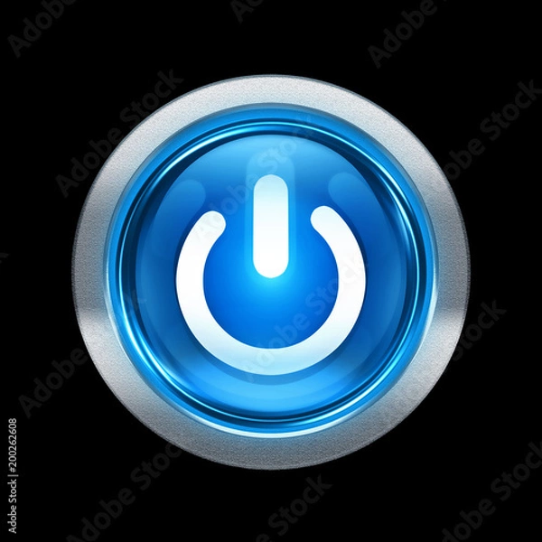 Fototapeta Power button blue with metallic edging. Isolated on black background.