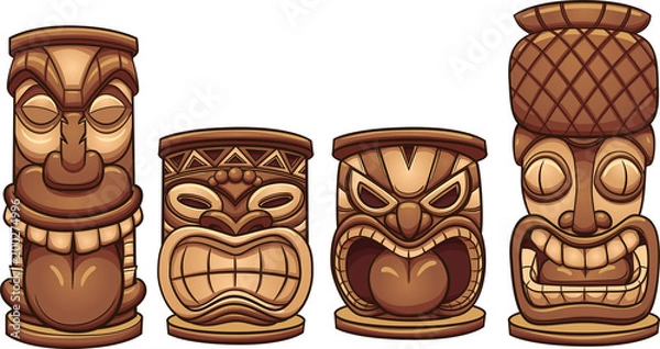 Fototapeta Cartoon tiki totems of different sizes. Vector clip art illustration with simple gradients. Each on a separate layer.