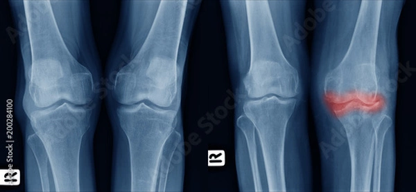 Fototapeta X-ray image show comparison of older normal knee on left side and osteoarthritis knee on right side front view. area of deformity with red color mark.