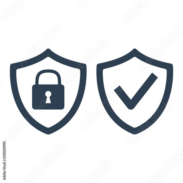 Fototapeta Shield with security and check mark icon on white background.