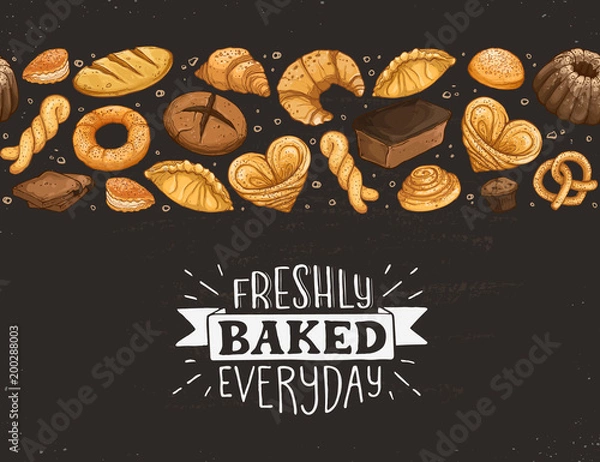 Fototapeta Freshly Baked everyday lettering. Horizontal border composition from hand drawn bread. Vector illustration for bakery shops isolated on white background. Fresh bread banner concept.