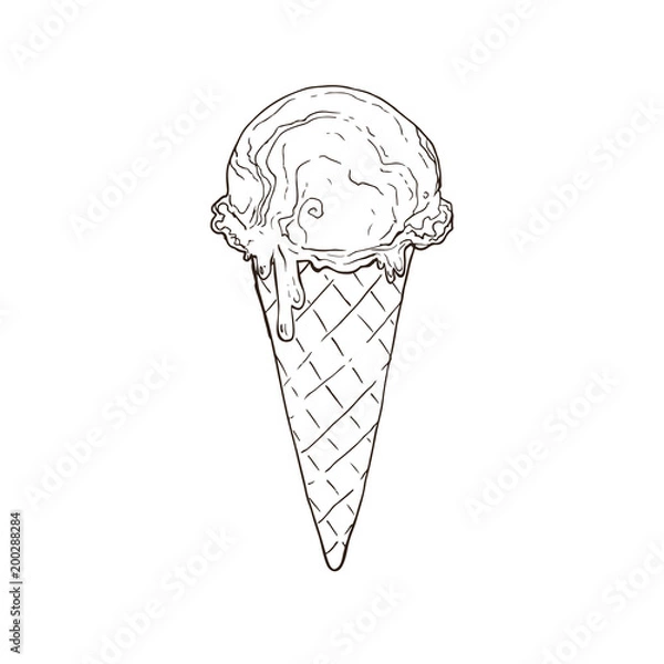 Fototapeta Hand drawn ice cream sketches isolated on white background. Icecream scoop in waffle cone in line art style. Vector illustration.