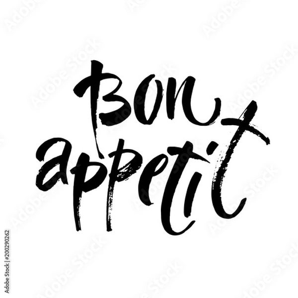 Fototapeta Bon Appetit hand lettering, vintage brush typography, custom writing isolated on white background. Vector