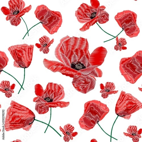 Fototapeta Poppy seamless pattern. Red poppies on white background. Flower poppy   for textile, wallpapers, wrapping paper, prints and web design. Vector illustration.