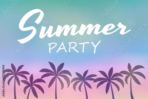 Fototapeta Paradise summer under palm trees. Shiny poster with text. Vector.