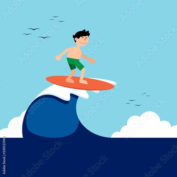Fototapeta Surfer boy riding a wave in summer with sea landscape background flat design