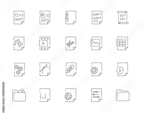 Fototapeta Simple set of File types vector line web icons. Contains such Icons as Document DOC, Presentation PPT, Table XLS, Video AVI, Image JPG and more. Editable Stroke. 48x48 Pixel Perfect.