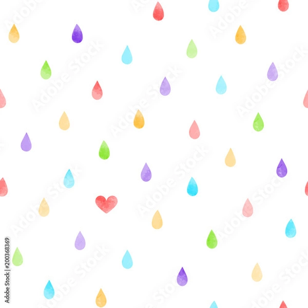 Fototapeta Hand drawn seamless vector pattern with watercolor rain drops and a heart, on a white background. Design concept kids textile print, wallpaper, wrapping paper.