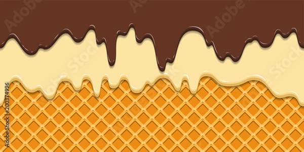 Obraz Seamless pattern. Current icing and chocolate on waffle texture background, waffle cone with ice cream. Cartoon illustration for web, site, advertising, banner, poster, flyer, business card. Vector