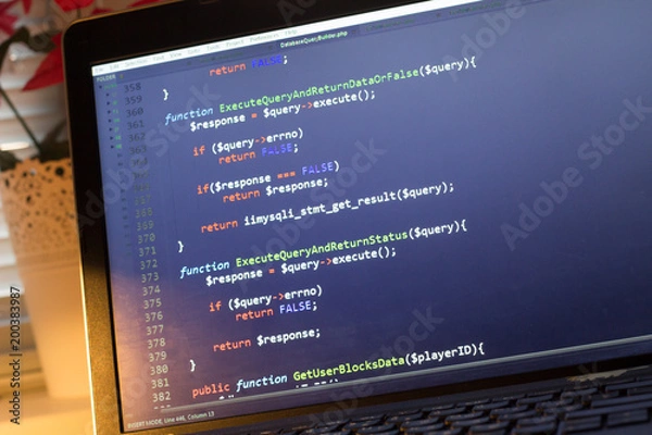 Fototapeta PHP back-end code. Computer programming source code. Abstract screen of web developer. Digital technology modern background. Code is created by myself.