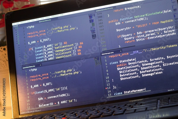 Fototapeta PHP back-end code. Computer programming source code. Abstract screen of web developer. Digital technology modern background. Code is created by myself.