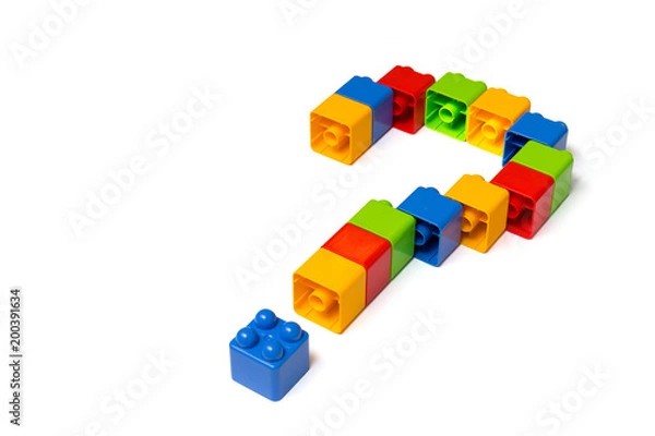 Fototapeta Question mark made of colorful plastic toy bricks,  isolated on white background