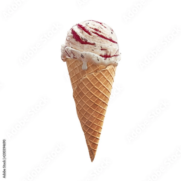 Fototapeta Highly detailed delicious vanilla ice cream with chocolate crumbs and raspberry jam in waffle cone isolated on white background. 3D illustration