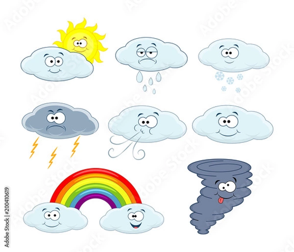 Fototapeta Cute cartoon vector clouds icons. Weather symbols collection. We